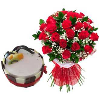 Fresh Fruit Cake With Premium Red Roses Bunch